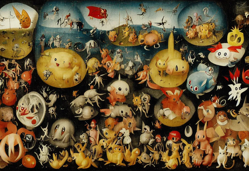 Prompt: hieronymus bosch painting of pokemon living in the wild