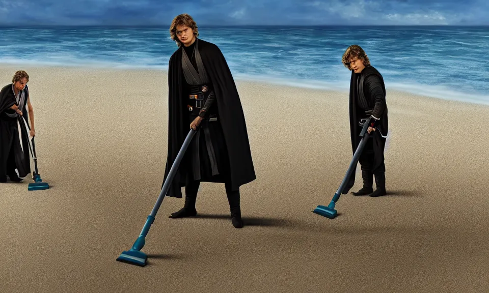 Prompt: anakin skywalker vacuuming the beach to remove sand, 4 k, film still, trending on artstation