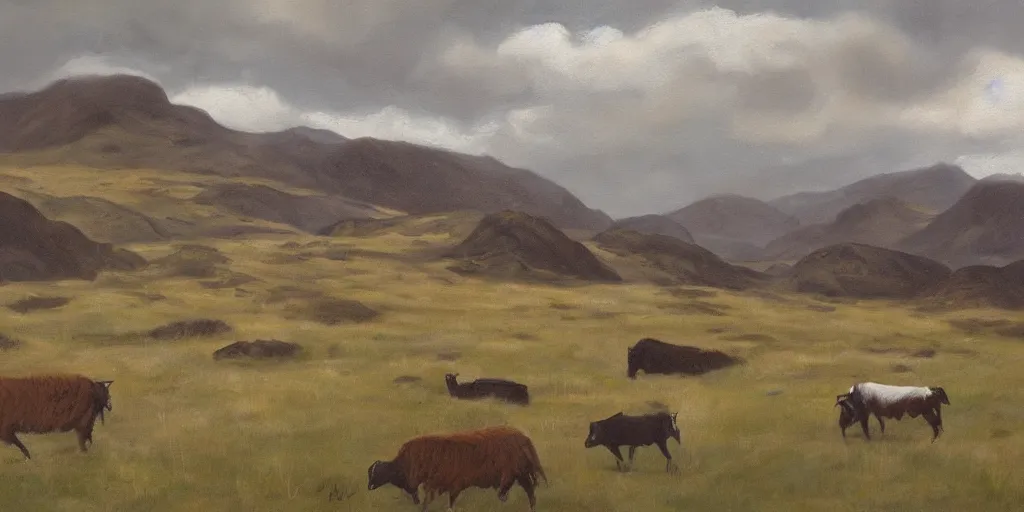 Image similar to painting of rocky highlands with goats grazing in the far distance, overcast skies, muted colors