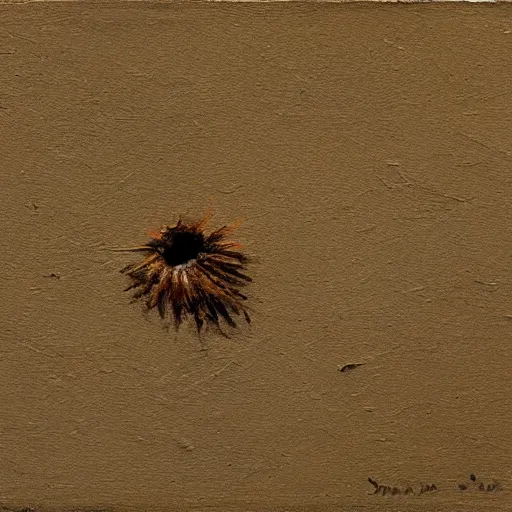 Prompt: detailed painting of a single small seed sitting in loose fresh earth. the painting is characterized by its use of light and shadow to create a sense of depth, its muted colors, and its focus on nature.