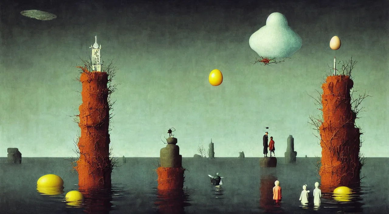 Prompt: single flooded simple!! eggs tower, very coherent and colorful high contrast masterpiece by norman rockwell franz sedlacek hieronymus bosch dean ellis simon stalenhag rene magritte gediminas pranckevicius, dark shadows, sunny day, hard lighting