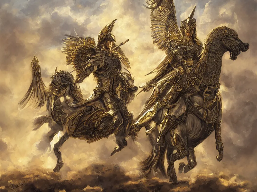 Image similar to valkyrie with golden armor on white pegasus, epic scene, painting in the style of brom, highly detailed