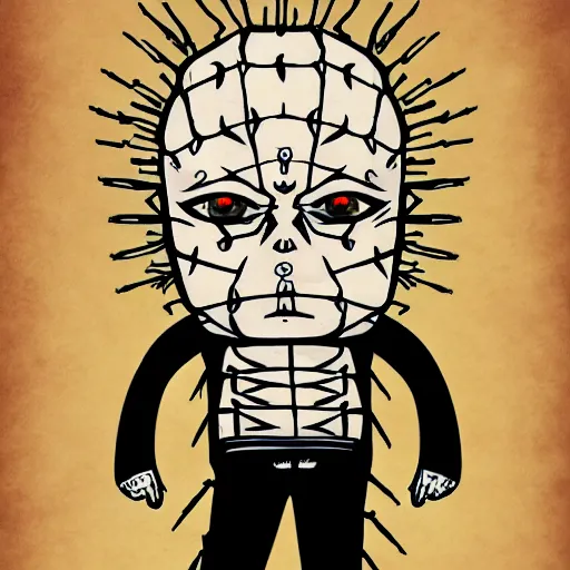 Image similar to chibi Pinhead from kawaii Hellraiser manga, illustration, clean lines, 4k