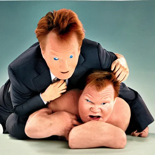 Prompt: conan o'brien and andy richter wrestling, by michelangelo