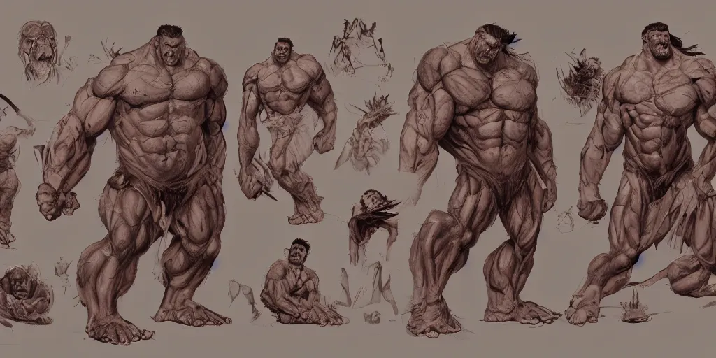 Image similar to muscleman, character sheet, concept design, contrast, kim jung gi, greg rutkowski, zabrocki, karlkka, jayison devadas, trending on artstation, 8 k, ultra wide angle, pincushion lens effect