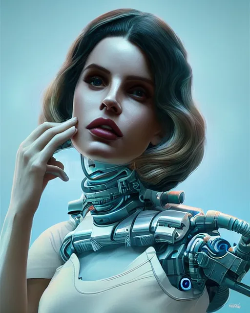 Image similar to portrait of lana del rey as a cyborg. intricate abstract. intricate artwork. by tooth wu, wlop, beeple, dan mumford. octane render, trending on artstation, greg rutkowski very coherent symmetrical artwork. cinematic, hyper realism, high detail, octane render, 8 k, iridescent accents