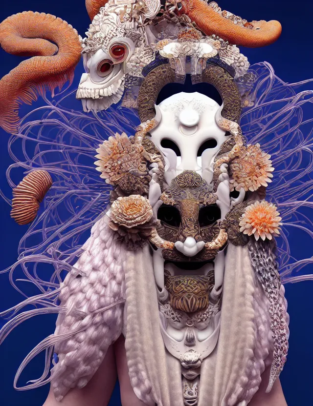 Image similar to 3 d goddess close - up 3 / 4 portrait with ram skull. beautiful intricately detailed japanese crow kitsune mask and clasical japanese kimono. betta fish, jellyfish phoenix, bio luminescent, plasma, ice, water, wind, creature, artwork by tooth wu and wlop and beeple and greg rutkowski