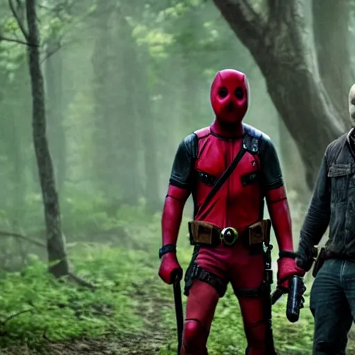 Image similar to jason voorhees and deadpool in the woods 4 k detailed super realistic