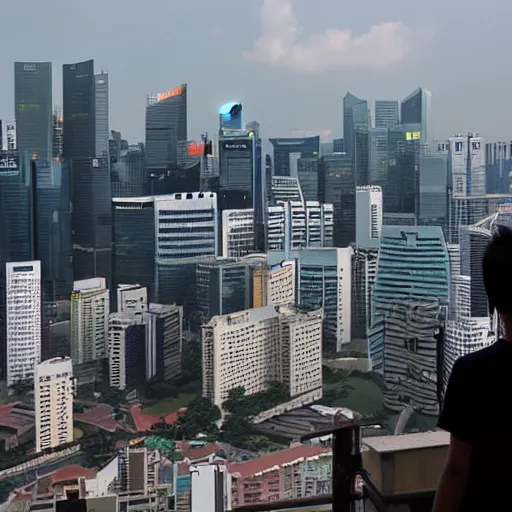 Image similar to a singaporean student stands on the top of a building, looking out at the world, by moebius