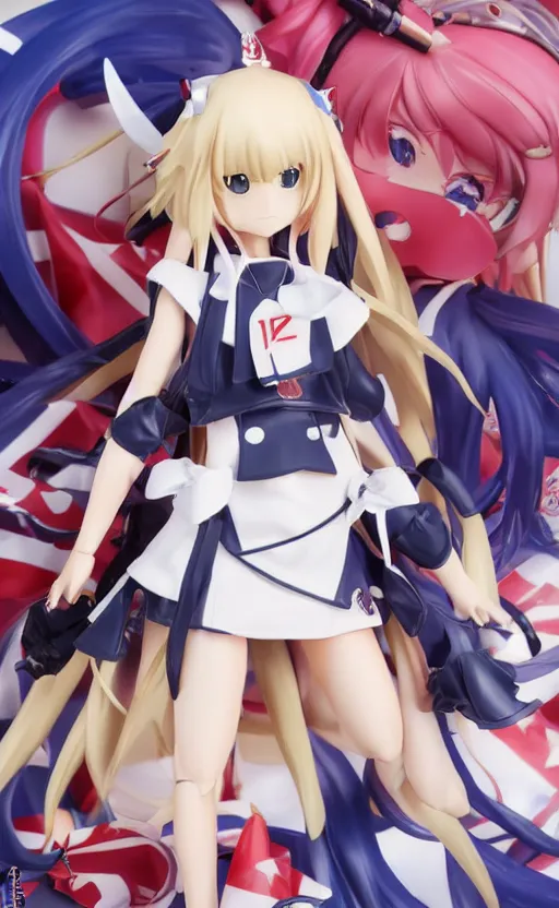 Image similar to azur lane official merchandise, featuring hayanami, toy photo, realistic face, water splash effect, portrait of the action figure of a tan girl, realistic character anatomy, 3d printed, plastic and fabric, figma by good smile company, collection product, desert background, navy flags, 70mm lens, hard surfaces, photo taken by professional photographer, trending on Twitter, symbology, 4k resolution, low saturation, realistic military gear