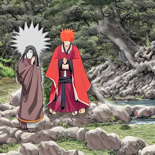 Image similar to 8 k uhd, statue, hashirama senju vs madara uchicha, 3 2 feets, river, mount, historical place, pilgrims, offerings, clan priest, highly details content