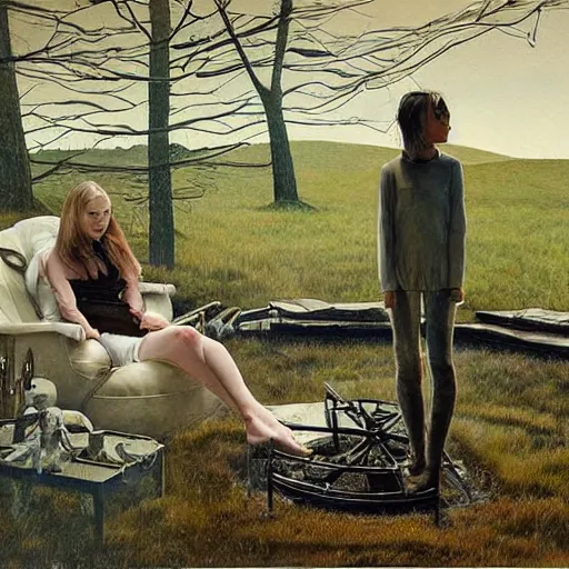 Image similar to a striking hyper real painting of Elle Fanning with cybernetics, starlit night, campfire, by Andrew Wyeth