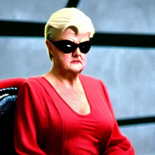 Prompt: Angela Lansbury as Morpheus wearing small sunglasses sitting in a red chair in The Matrix (1999), highly detailed, Cinestill, 4k