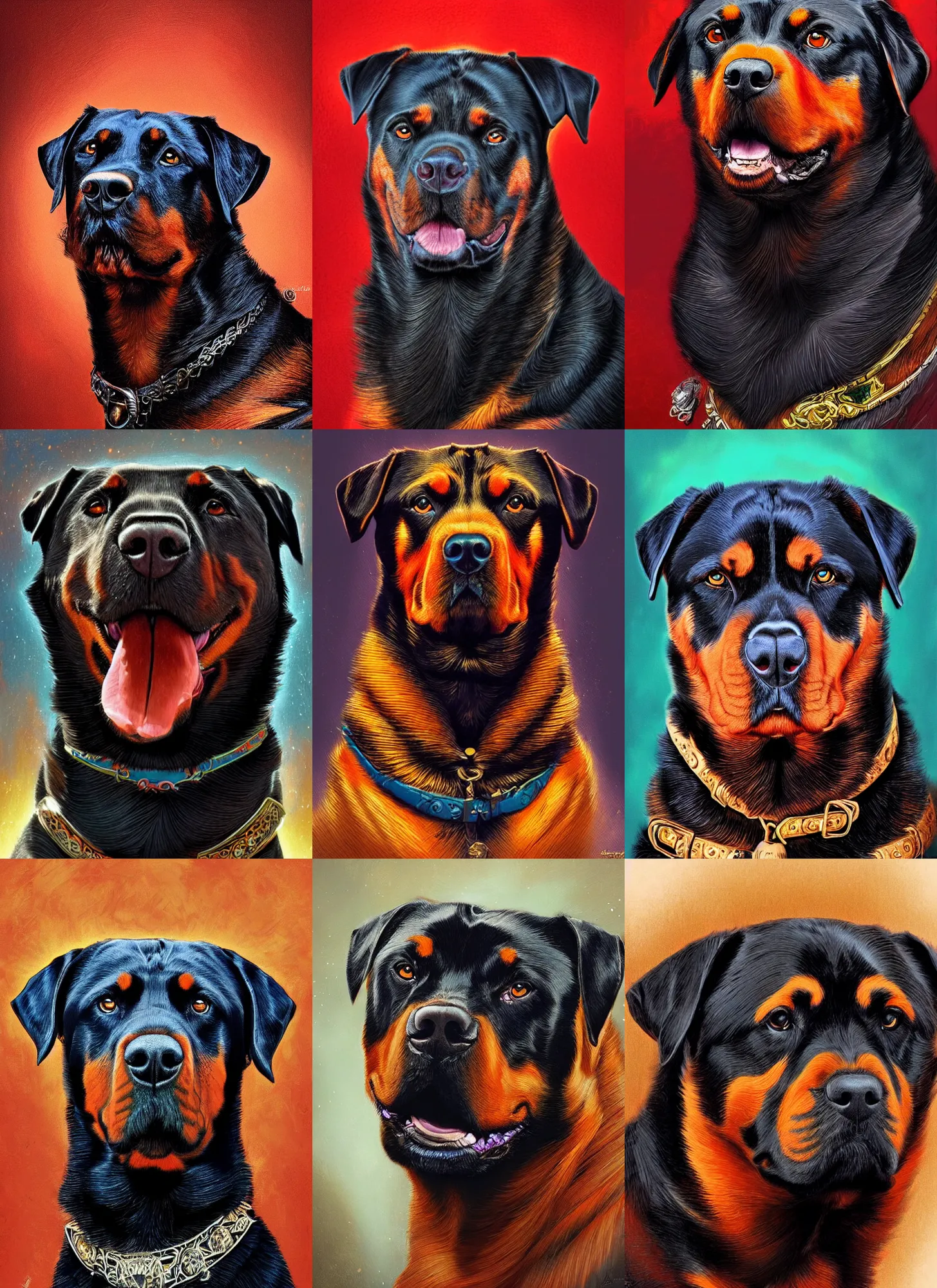 Prompt: portrait of noble rottweiler. digital art by jeff easley, anna dittmann, and nasreddine dinet, vibrant color scheme, intricately detailed, in the style of romanticism, cinematic, artstation, greg rutkowski