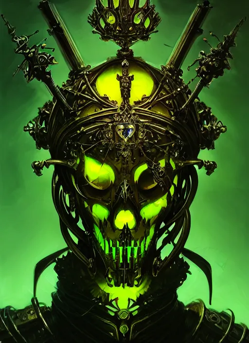 Prompt: closeup portrait shot of the king of the cyber skeletons with a crown of swords, glowing green, intricate, elegant, highly detailed, centered, digital painting, artstation, concept art, smooth, sharp focus, warframe, illustration, anders zorn, tomasz alen kopera, peter mohrbacher, donato giancola, leyendecker, boris vallejo