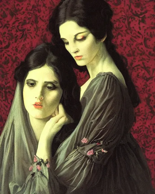 Image similar to a beautiful and eerie baroque painting of two women who are beautiful but creepy, wearing floral dresses, with haunted eyes and dark hair, 1 9 7 0 s, seventies, wallpaper, a little blood, morning light showing injuries, delicate embellishments, painterly, offset printing technique, by brom, robert henri, walter popp