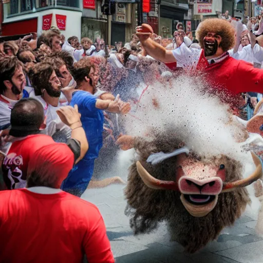 Image similar to giant screaming bob ross running from the bulls in pamplona spain