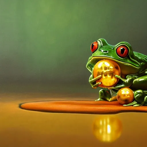 Image similar to long shot of a cute frog playing with golden metal balls, by esao andrews, by m. w. kaluta, volumetric light, rich colors, very humorous oil painting, realistic reflections, smooth, concept art, depth perception, high depth of field, 4 k, unreal engine 5, ultradetailed, hyperrealistic, artstation