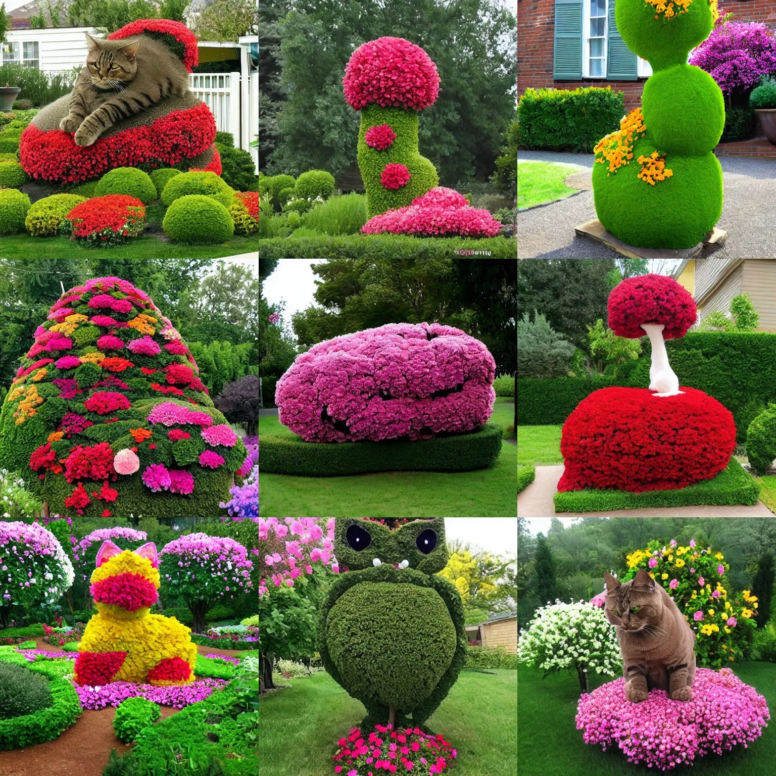 Prompt: a large flower bush in the shape of an epic cat