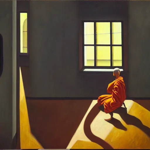 Image similar to one - eyed monks, omniscient, dystopian, pj crook, edward hopper, oil on canvas