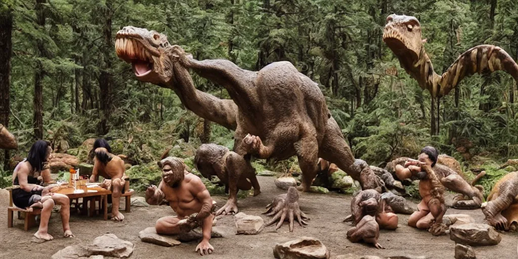 Image similar to photo, neanderthal people, sumo japanese, eating inside mcdonalds, surrounded by dinosaurs!, gigantic forest trees, sitting on rocks, bright moon