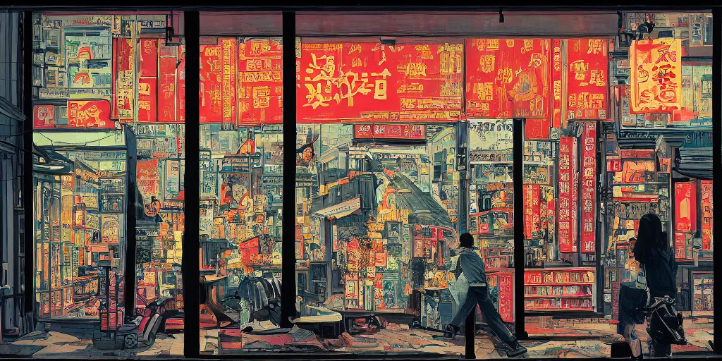 Image similar to a shop window in hong kong, by dan mumford and peter doig and edward hopper, minimal, black in, thick lines highly detailed, muted colours, overlaid with chinese adverts, 8 k