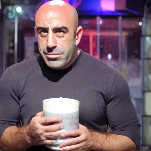 Image similar to joe rogan drinking milk high on shrooms in berlin on new years eve