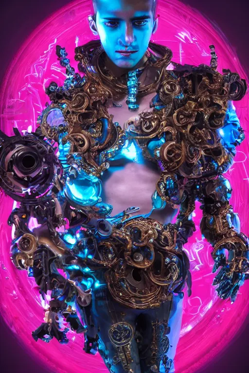 Prompt: full-body rococo and cyberpunk style sculpture of a young handsome Spanish prince half android with a chest exposing circuitry, glowing pink laser eyes, crown of blue gears and diamonds, swirling salmon-colored silk fabric, robotic raptors dinosaurs. baroque elements. full-length view. intricate artwork by caravaggio. Trending on artstation, octane render, cinematic lighting from the right, hyper realism, octane render, 8k, depth of field, 3D