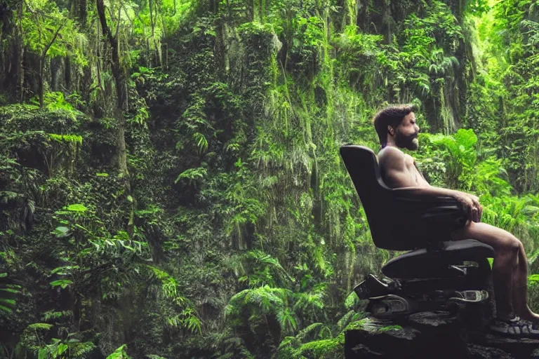 Image similar to movie closeup young man with a grey beard in a cyberpunk suit sitting on a futuristic chair at the edge of a jungle waterfall 8 5 mm by emmanuel lubezki