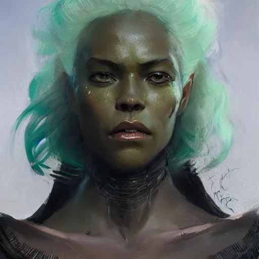 Image similar to A head-on detailed oil fantasy portrait of a black woman with pale green eyes and long white hair by greg rutkowski, trending on artstation, dungeon and dragons art