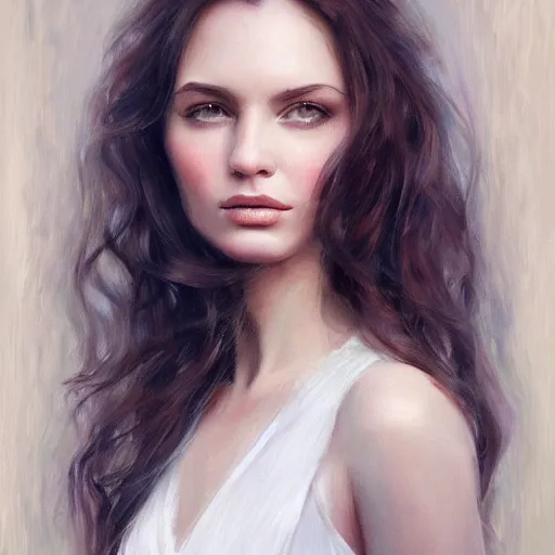 Prompt: beautiful portrait face centre oil on canvas of brunette with wavy hair Lilli Hollunder, intricate, elegant, highly detailed, artstation, concept art, sharp focus, art by Alina Ivanchenko, Rob Ross, WLUP, artgerm