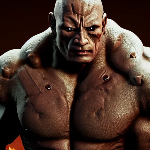 Image similar to dwayne the rock johnson demon. eldenring boss, zbrush, arnold render, unrealengine 5, dark souls, horror, extremely detailed