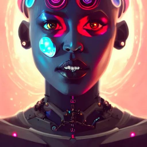 Image similar to a portrait of Adhel Bol as a beautiful cybernetic techno queen, black woman, cyberpunk concept art by pete mohrbacher and wlop and artgerm josan gonzalez and syd mead, digital art, highly detailed, intricate, sci-fi, sharp focus, Trending on Artstation