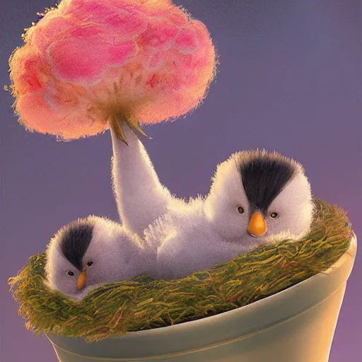 Image similar to long shot of a very fluffy beer chick nesting in a floral cup, esao andrews, by m. w. kaluta, humorous illustration, hyperrealistic, tilt shift, warm colors, night scenery, low light, 3 d octane render, 4 k, volumetric lights, smooth, cosy atmosphere, conceptart, hyperdetailed, trending on deviantart