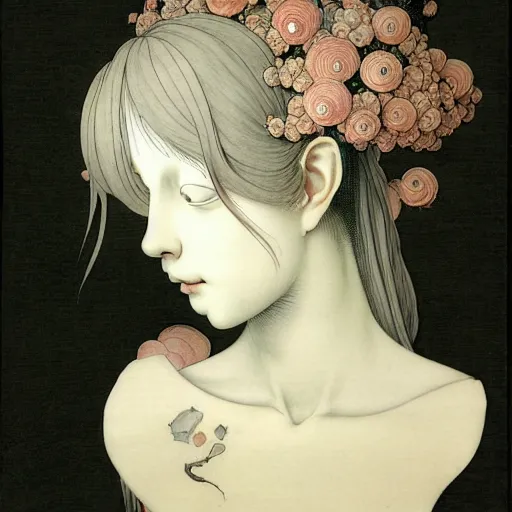 Image similar to prompt: Fragile looking vessel portrait face drawn by Katsuhiro Otomo, inspired by Carlo Dolci, magical and alchemical objects on the side, soft light, white background, intricate detail, intricate ink painting detail, sharp high detail, manga and anime 2000