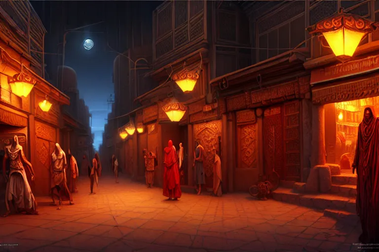 Prompt: a highly detailed bazaar street in the desert city of tyr from the land of athas, amazing dark sun digital painting, by gerald brom, brom digital art, concept art, intricate details, ultra realistic, beautiful art, volumetric lighting, dark sun - campaign setting, by brom, trending cgsociety, artstation, rim lighting, 8 k