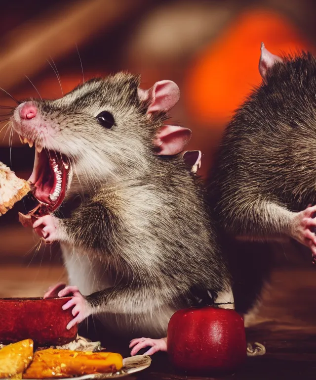 Image similar to high quality presentation photo of vicious anthropomorphic rats with sharp teeth eating meat, photography 4k f1.8 anamorphic bokeh 4k Canon Nikon