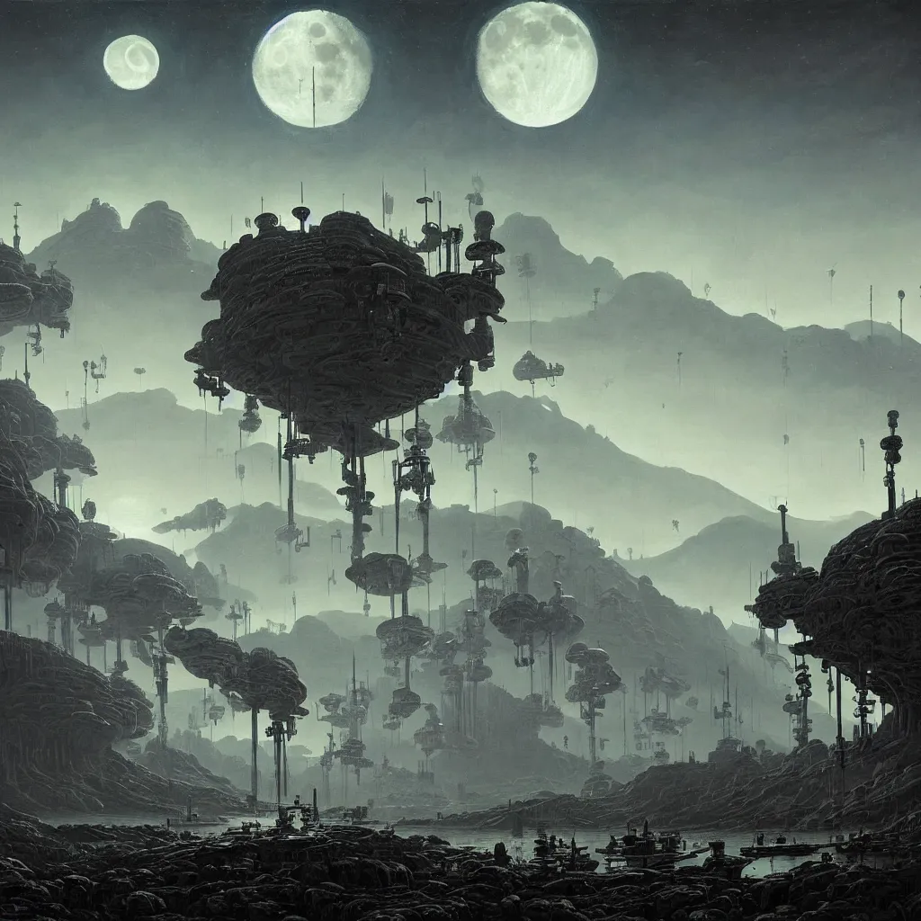 Prompt: a surreal and awe - inspiring science fiction landscape, moon in the sky looks like a skull, intricate, elegant, highly detailed matte painting by simon stalenhag and george bellows