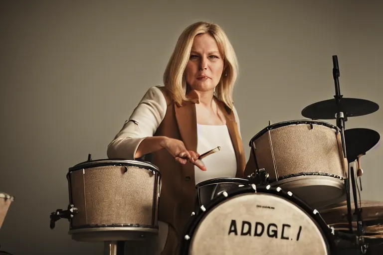 Image similar to A photo of The Prime Minister of Sweden, Magdalena Andersson, playing a drums on stage. character photography, Exquisite detail, post-processing, moody light, bokeh, photorealistic. Photo by Stanley Kubrick