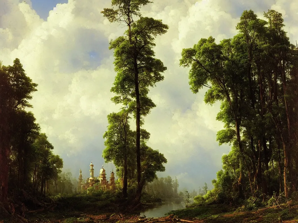 Image similar to abandoned city reclaimed by nature by ivan shishkin and aivazovsky, oil on canvas, highly detailed, masterpiece