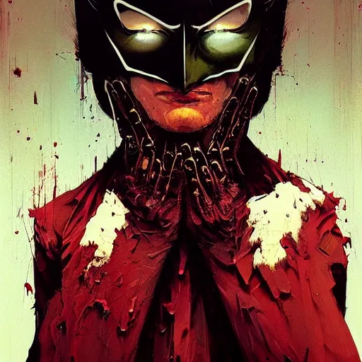 Image similar to portrait of batman with bloody clothes, intricate face, psychedelic, edited in photoshop, scary, epic, ilya kuvshinov, krenz cushart, artgerm, trending on artstation, edward hopper, dan mumford, wlop, rutkowski, beksinski, carl spitzweg, moebius