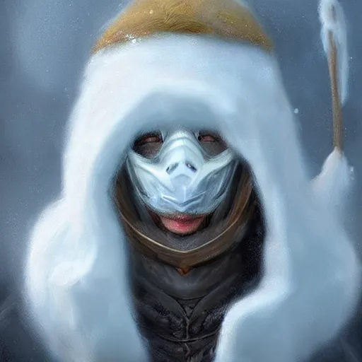 Image similar to “ fantasy snow bandit ‘ icewind dale ’ with mask, digital portrait by justin sweet, soft focus, oil paint, epic, artstation ”