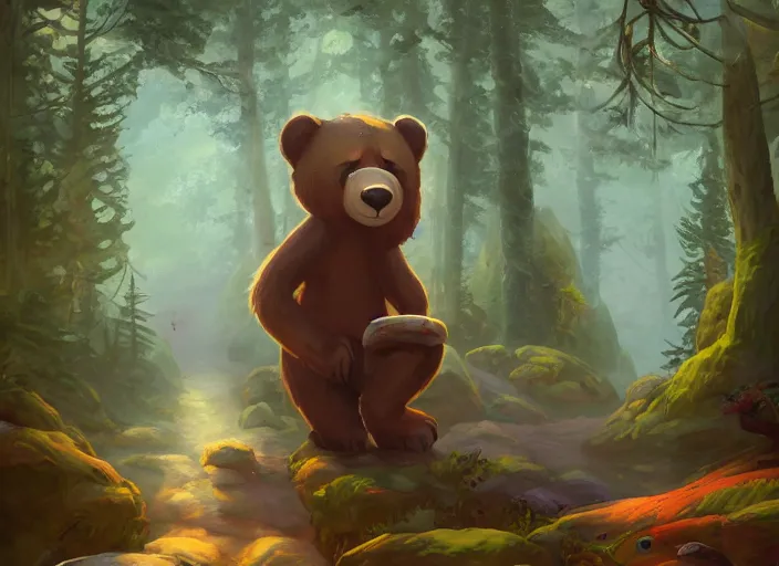 Prompt: stunningly beautiful female anthropomorphic bear character in a rock outfit character in a painting of a path leading to a mystical forest full of wonders, pine trees, magical atmosphere, trending on artstation, 30mm, by Noah Bradley trending on ArtStation, deviantart, SFW version, high detail, stylized portrait H 704