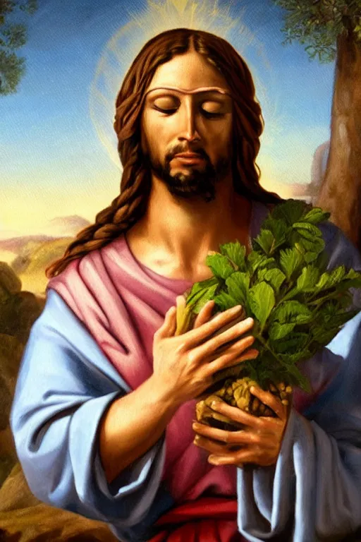 Image similar to painting of blindfolded jesus christ holding a cornucopia