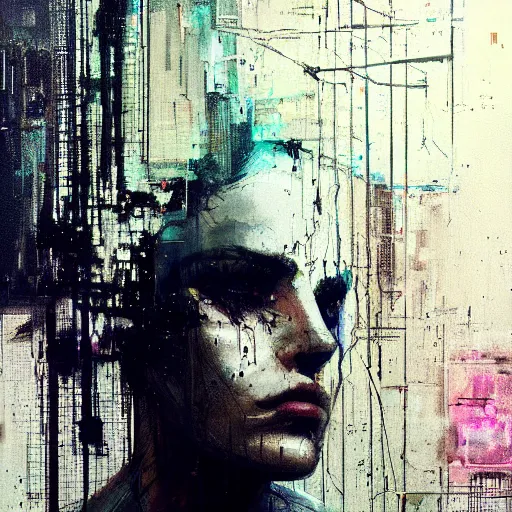 Prompt: portrait of a cyberpunk, wires, machines, in a dark future city by jeremy mann, francis bacon and agnes cecile, ink drips, paint smears, digital glitches glitchart c - 1 0