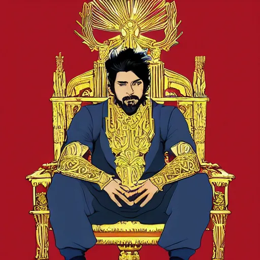 Image similar to modern self portrait of man sitting on throne, legs crossed, while holding a sword, white man, hispanic, brown hair, light skin, golden throne, sharp, marker, red robes, 8 k, hi - rez, clear, brown eyes, colored, green plants and golden background, sun in the sky, palace scenery, sharp, illustrated by yoji shinkawa