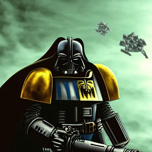 Image similar to space marine from warhammer 40000 in the style of Darth Vader from star wars, realism, against the background of the battlefield, depth of field, focus on darth vader,