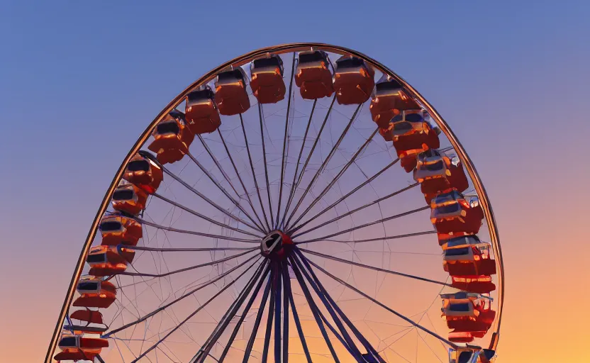 Image similar to one ferris wheel at sunrise, concept art, hyperrealistic, octane render, unreal engine 5, path traced, highly detailed, high quality, 8 k, dramatic lighting, cinematic, high coherence, symmetrical, high contrast, 1 9 8 0 s style, lens flare, godrays