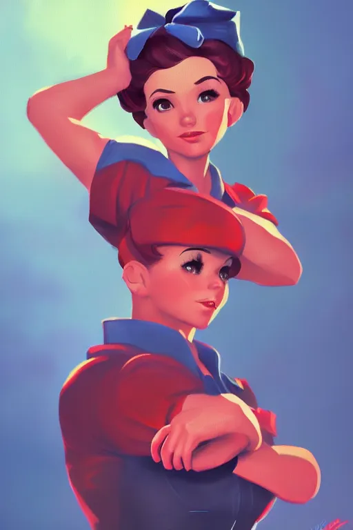 Prompt: a portrait of a cute rosie the riveter, industrial setting, overwatch art team, vivid colors, soft lighting, atmospheric, cinematic, moody, splash art in the style of ilya kuvshinov, oil on canvas, 8 k