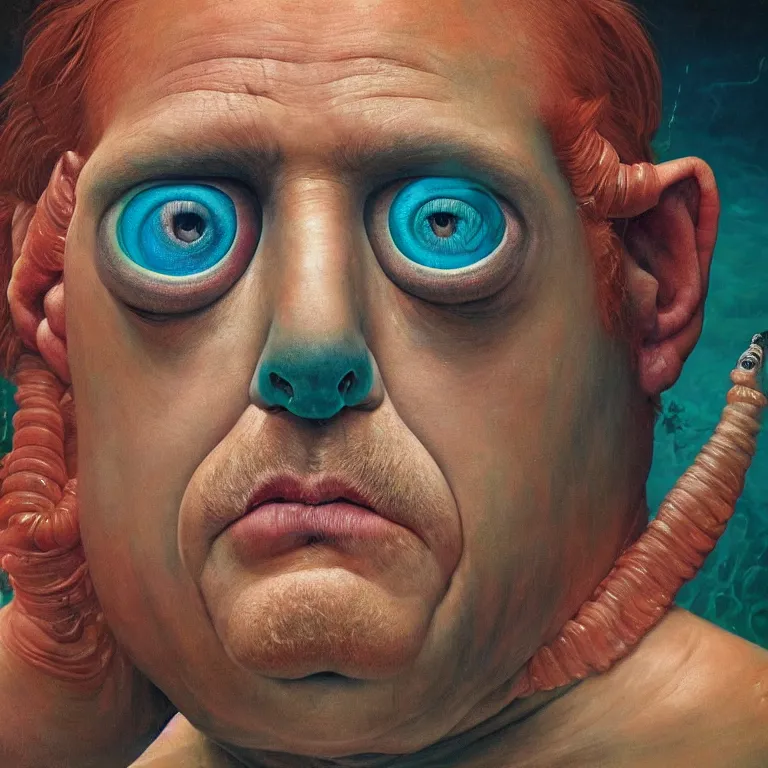 Image similar to Hyperrealistic intensely colored close up studio Photograph portrait of a deep sea bioluminescent Jonah Hill, symmetrical face realistic proportions eye contact, sitting in His throne underwater, award-winning portrait oil painting by Norman Rockwell and Zdzisław Beksiński vivid colors high contrast hyperrealism 8k